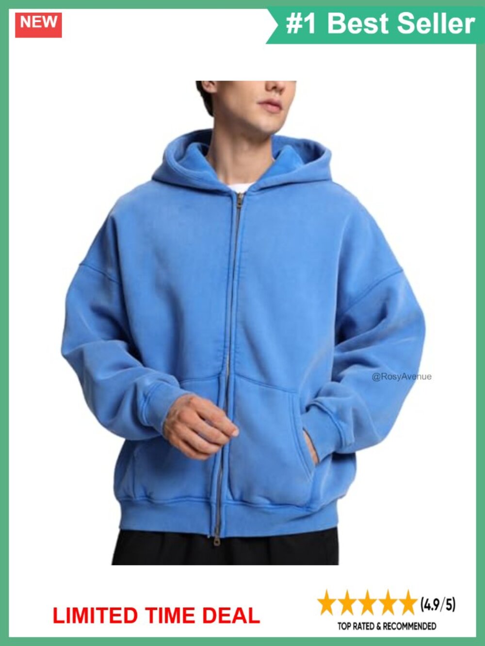 Unisex Acid Wash Double Zip Up Hoodie Oversized Fleece Sweatshirt